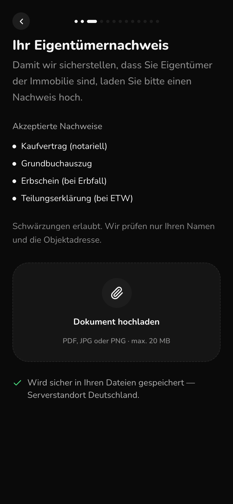 Onboarding: Eigentumsnachweis hochladen